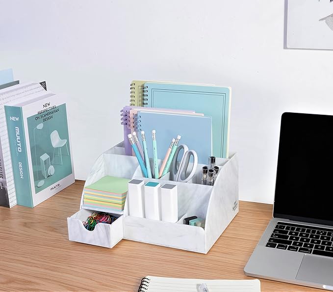 My Space Organizers Marble Desk Organizer For Office Supplies And Accessories - 9 Sections - Pencil Pen Holder Storage - Desktop Organization Decor Essentials (White Grey Marble)