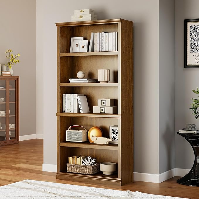 Bevfint 70 in Tall Bookcase, White Bookshelf Open Storage 5-Tier Shelves, 33 inch Wide Floor Standing Indoor Furniture, Book Cases for Home School Library Office Bedroom Kids, Vintage Oak 5 Tiers