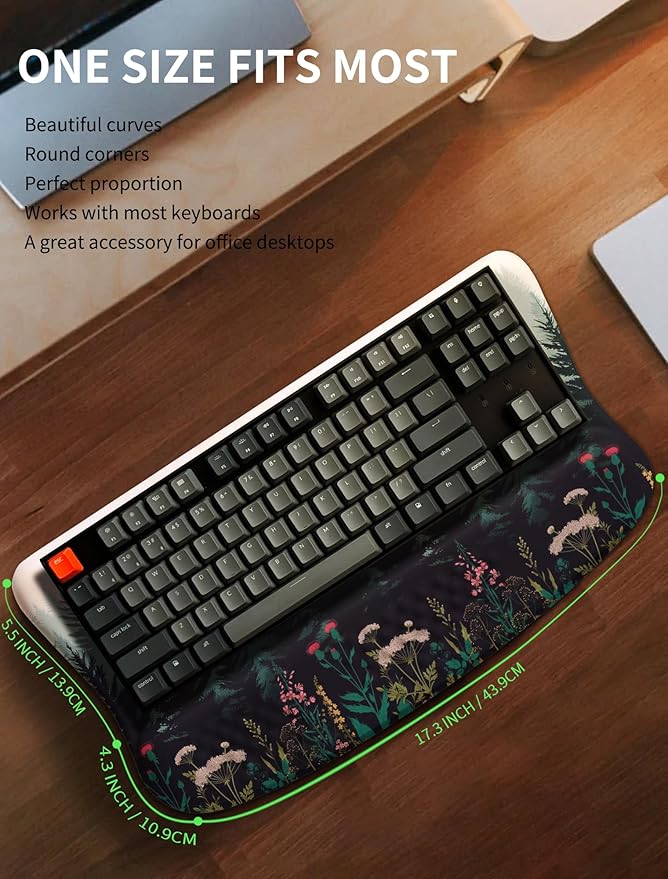 KUOSGM Ergonomic Wave Wrist Rest with Keyboard Stand, Cushioned Palm Rest, Comfortable Integrated Memory Foam for Natural Typing and Relieve Wrist Pain, Flower Sea Forest