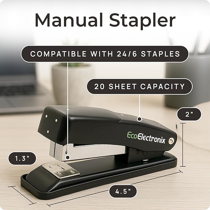EcoElectronix Portable Stapler Bundle - 30 Sheet Capacity, Quiet Operation, Jam-Free and Easy Reload - AC Adapter/Battery Powered