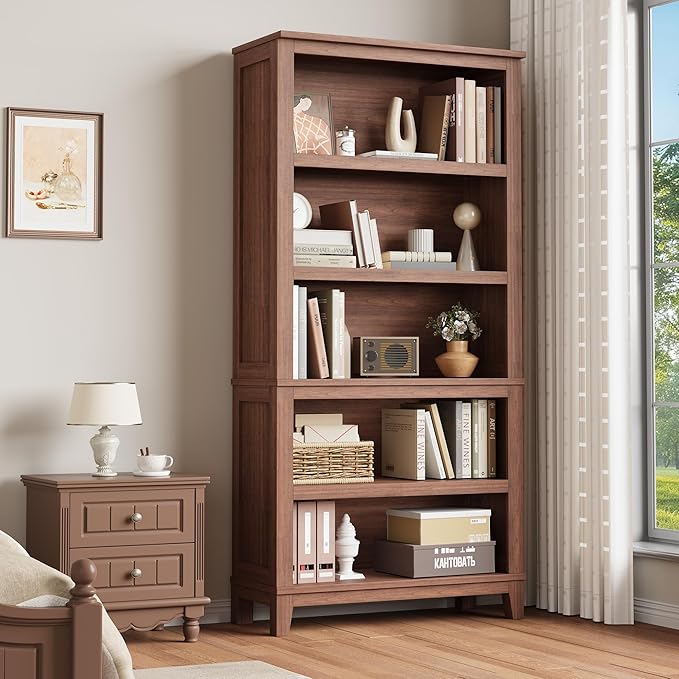 IDEALHOUSE 71" Farmhouse Bookshelf w/Adjustable Shelves & 31.5 in Whidth, 5 Tier Tall Bookcase with Wood Legs, Rustic Wooedn Book Shelf for Living Room Office (Brown, 71.3" H x 15.7" W x 11.8" D)