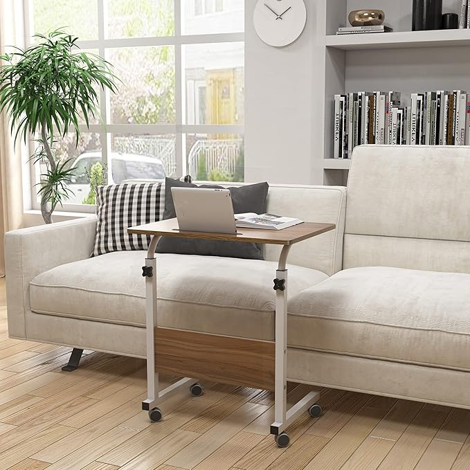 Rolling Laptop Desk Stand Up Desk Adjustable Mobile Laptop Desk, DlandHome 23.6 Inches Medium Size Side Table, Movable w/Tablet Slot & Wheels, Portable Stand for Bed Sofa Oak