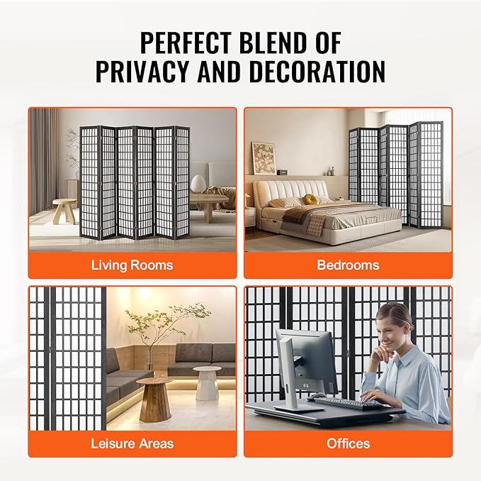VEVOR Room Divider, 6 Panel Japanese Room Divider, Folding Privacy Screen Indoor, Portable Partition Dividers and Decoration Screens, for Room Separation, Home, Office, Restaurant & Bedroom (Black)