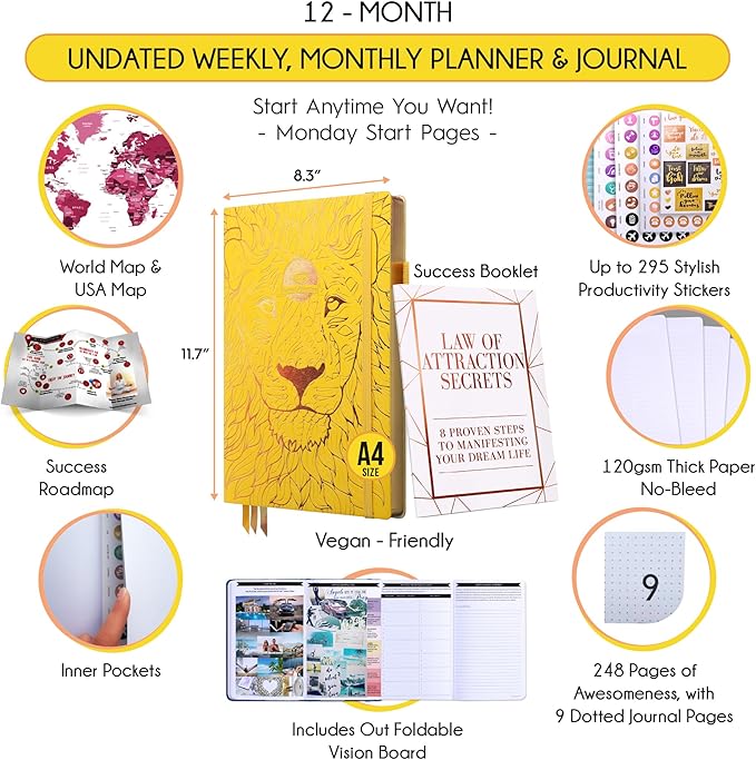 Life Planner - Undated Weekly & Monthly Planner, 12-Month Journey to Increase Productivity | Gratitude Journal, Life Organizer & Goal Journal | Include Foldable Vision Board, Habit Tracker & Stickers