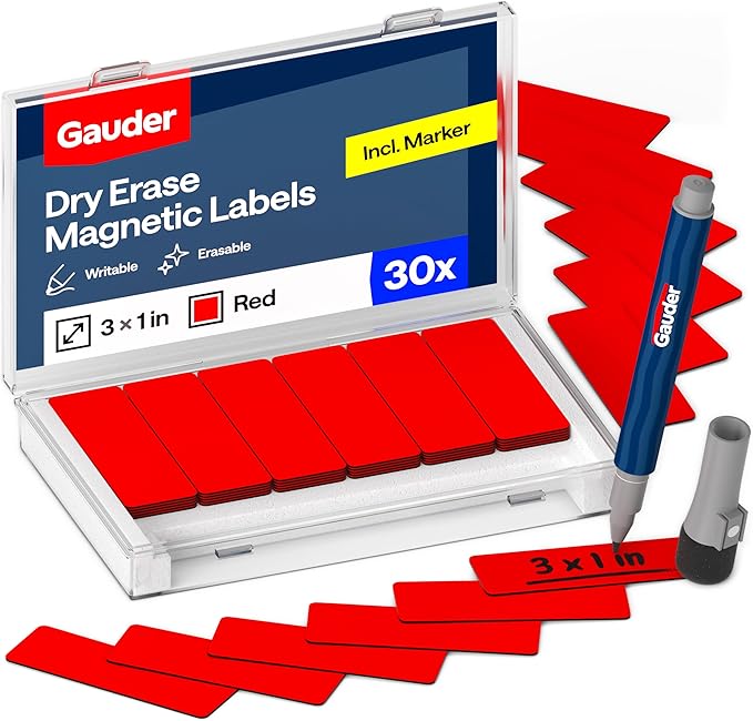 GAUDER Magnetic Dry Erase Labels | 30x Magnetic Labels (3 Inches x 1 Inch) | Dry Erase Magnets for Classroom, Whiteboard and Blackboard