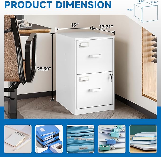 BYNSOE 2 Drawer File Cabinet with Lock Vertical Filing Storage Office Home Steel Vertical File Cabinets for Letter Size File Cabinet Locked,Assembly Required