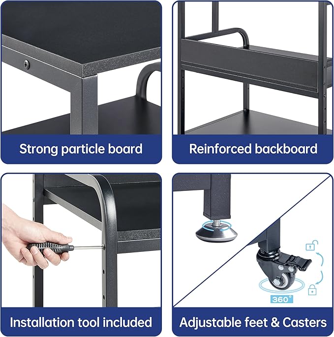 Fannova 25.6" x 23.6" Extra Large Printer Stand Table with Adjustable Storage Shelf, 3 Tier Rolling Printer Cart with Industrial Wheels for Home Office, Black