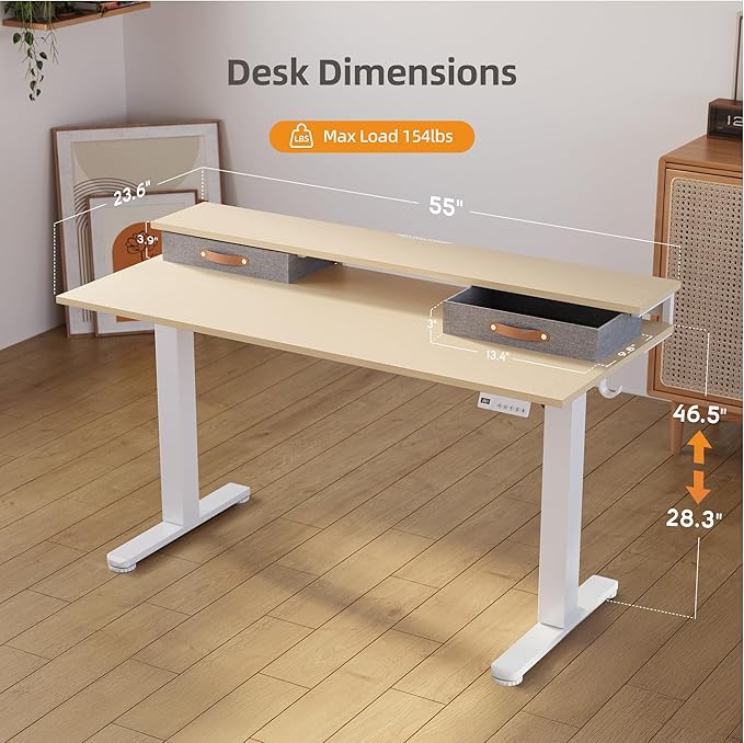 Claiks Electric Standing Desk with 2 Drawers, Adjustable Standing Desks with Storage, Height Adjustable Stand up Desk for Home Office with 2 Hooks,55 Inch Natural