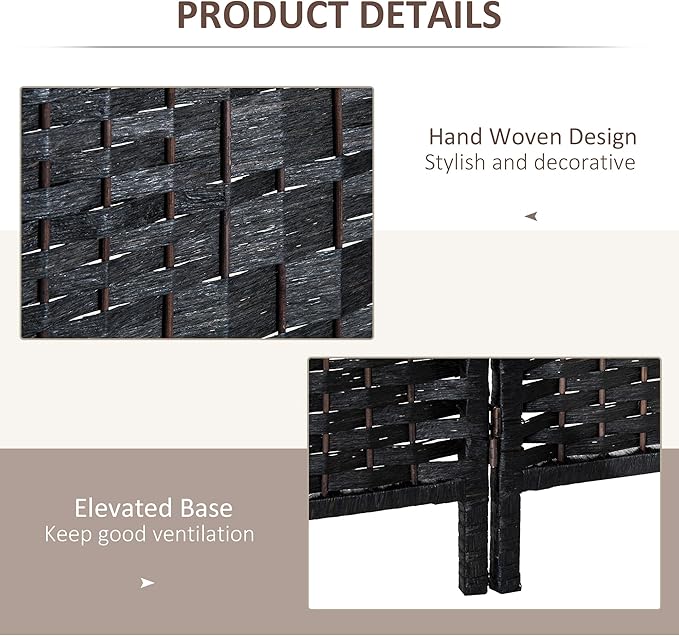 HOMCOM Room Divider, 4 Panel Folding Privacy Screen, 6FT Tall Portable Wicker Weave Partition Wall Divider for Bedroom, Home Office, Black