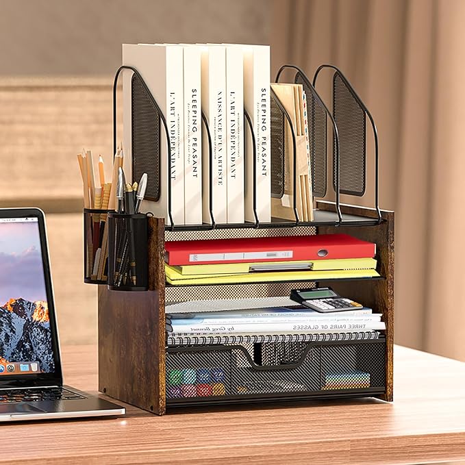 Boershun Wood Desk Organizer - 4-Tier Desktop File Organizer with Drawer, Wooden Paper Tray, Vertical File Holders & 2 Pencil Holders - Office Desk Organizer for Papers, Mail, Notebooks, Stationery