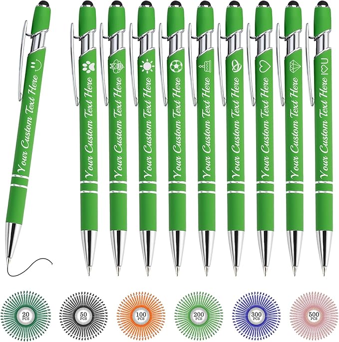 Custom Pens Bulk Personalized Ballpoint Pen with Stylus Tip Customized Engraved Pens with Name Logo Soft Black Ink with Touch Metal Office for Business Office Teacher School Corporate Gifts L-Green