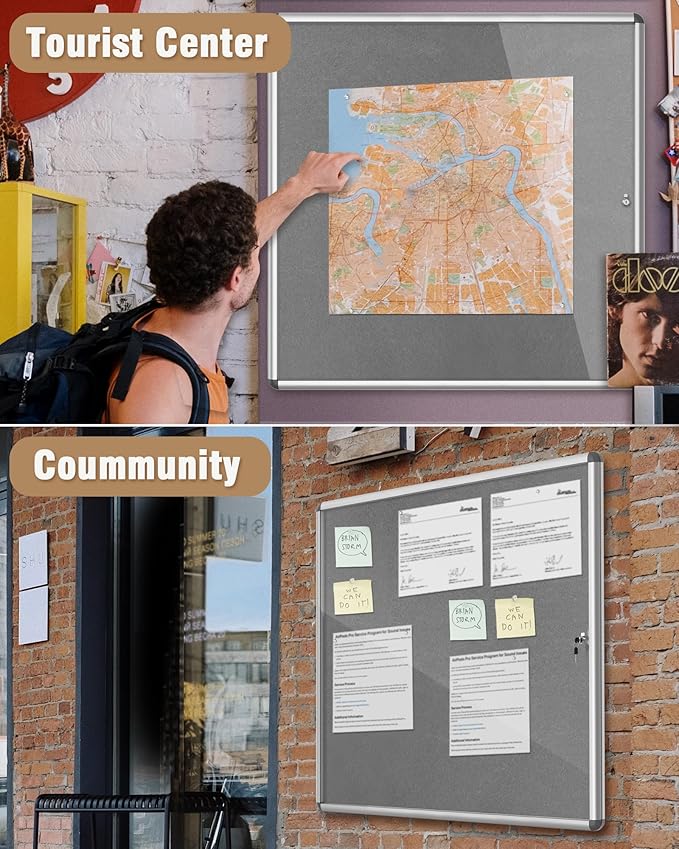Mifuro 38"x38" Enclosed Bulletin Board, Lockable Weather-Resistant Aluminum Cork Noticeboard for School & Office, Silver Frame w/Grey Flet