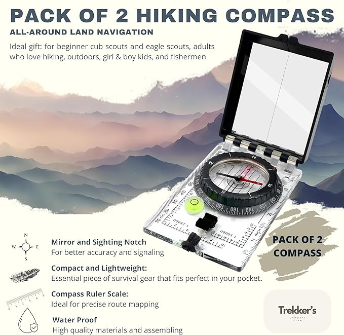 Trekker's Compass Crew Professional Military Lensatic Compass with Mirror, High-Precision Dial, Built-in Magnifier, Luminous Display for Hiking, Camping, Orienteering