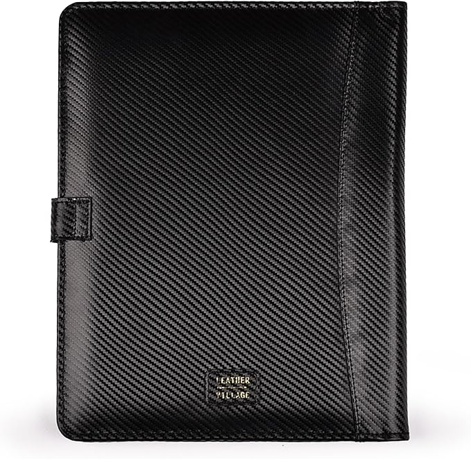 LEATHER VILLAGE Portfolio Professional Organizer – Carbon Fiber Genuine Leather Padfolio Resume Folder for A4 Letter Pad with Pen Holder, Business Card Slots – Ideal for Men & Women - Black