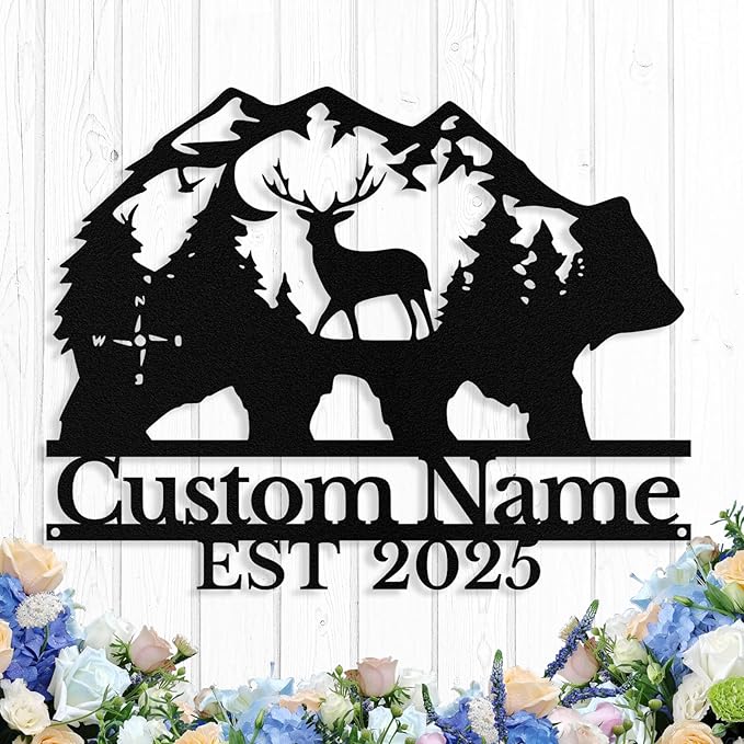 Custom Bear & Deer Metal Sign, Custom Bear Metal Wall Art Decor, Personalized Last Name Signs for Home, Rustic Farmhouse Black Wall Decor for Cabin, Bedroom, Living Room
