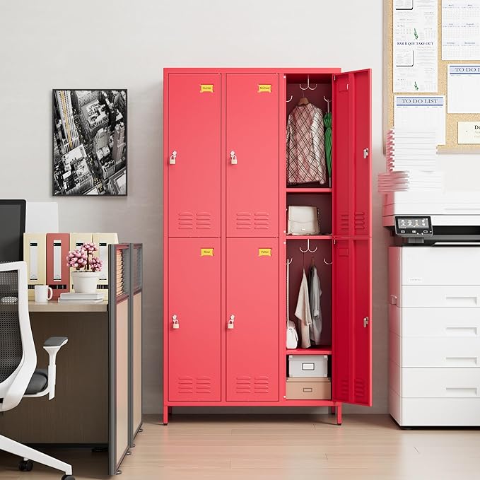 SUPEER 6 Doors Metal Locker Employee with Business Card Holder and 18 Hooks,Metal Locker for Employees with Ventilation Holes for Office Garage Gym Home,Assembly Required,Red