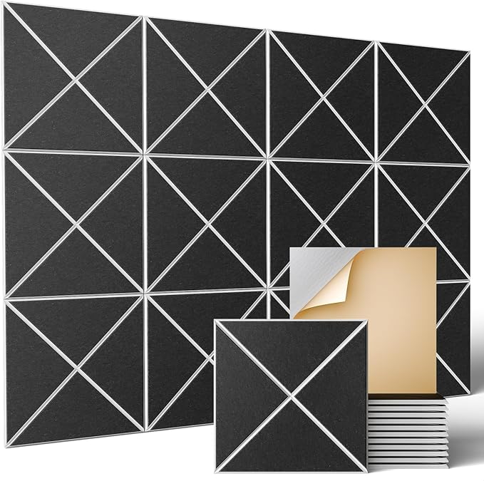 Sonicism 12 Pack X-Lined Acoustic Panels with Self-Adhesive, 12" X 12" X 0.4" Sound Proof Foam Panels, Decorative Soundproof Wall Panels, Sound Absorbing Tiles for Home & Offices (WhiteBase+BlackFace)
