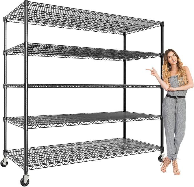 MilleLoom 82" H Storage Shelves with Wheels, 5-Tier Metal Shelving Unit Load 3300LBS Capacity, Adjustable Wire Shelf Rack w/Feets, Heavy Duty Storage Shelving for Garage Pantry Rooms, 59" W X 24" D
