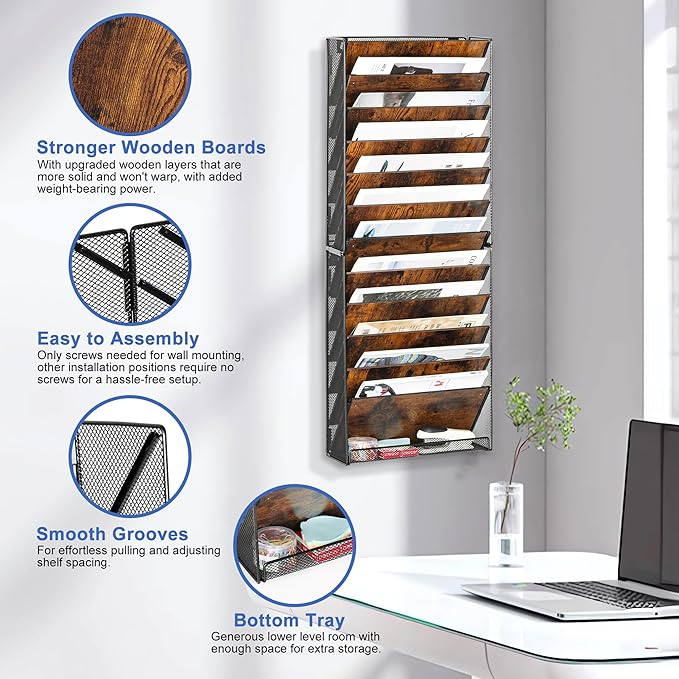 Solinxe 12-Tier Wall File Organizer, Wood Mail Organizer Wall Mounted Paper Document Magazine Holder, Hanging Clipboard Storage Basket with Tray for Office Home School Organization, Black/Antique