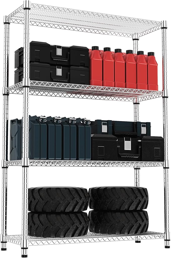 M MZG 4 Tiers Shelf Metal Storage Shelves 2640 lbs Steel Storage Shelving Utility Shelving Unit Steel Organizer Wire Rack for Home,Kitchen,Office,Garage Chrome 17.7" D x 47.2" W x 70.3" H