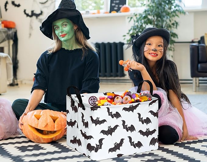 FUULOXE Halloween Bat Storage Basket with Handles Open Gifts&Candy Spooky Basket stuffers for Kids Baby Collapsible Women Organizer Bins Toys Boxes for Shelves Home Office