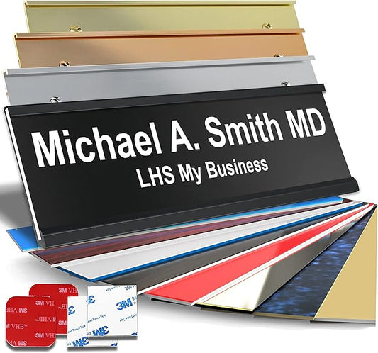 Personalized Name Plate with Choice of Mounting for Walls, Doors, Desk Holders, Cubicles, Hanging and More - Custom Black Plastic White Letters - USA Made 2x8 - B2