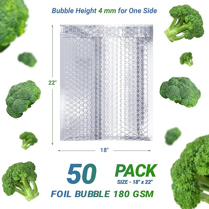 Amiff Silver Thermal Bubble Mailer, 18 x 22 Inches. 50 Pack Metallic Bubble Mailers. Self-Seal Insulated Mailers for Cold Shipping. Padded Envelopes Waterproof. Thermal Bag for Food, Cosmetics