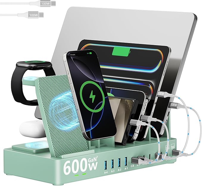 600w Charging Station for Multiple Devices, 15 in 1 Wireless Charger with 2pack 100w USB C Charger Cable, Dual 100w USB C Tablet Charging Station for MacBook,iPhone,iPad,Tablet(Green)