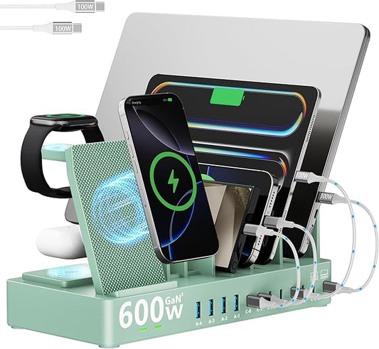 600w Charging Station for Multiple Devices, 15 in 1 Wireless Charger with 2pack 100w USB C Charger Cable, Dual 100w USB C Tablet Charging Station for MacBook,iPhone,iPad,Tablet(Green)
