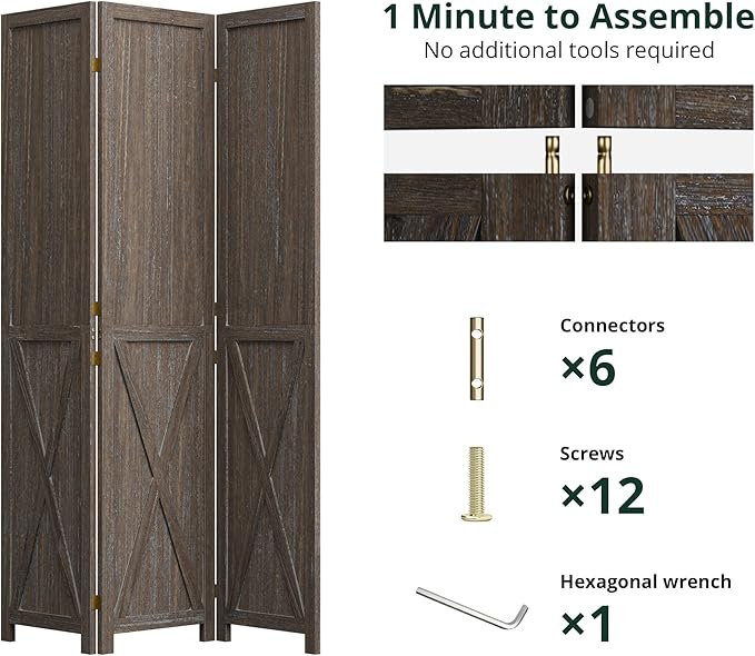 Cozy Castle Wood Room Divider, 3 Panels Folding Privacy Screen, 66.9'' Wall Divider, Barnwood Room Separator, Freestanding Partition, Temporary Wall for Decorative, Rustic Brown