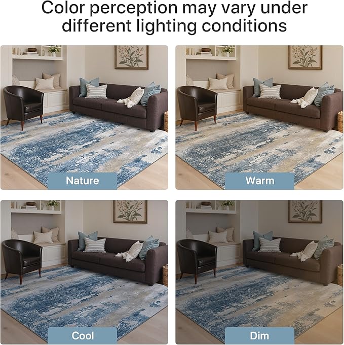 GENIMO No Crease Non Slip 8x10 Area Rugs for Living Room, Craft Woven Modern Abstract Rug, Soft Floor Carpet, Single-Piece Rugs for Bedroom, Dining Room, Office, Blue