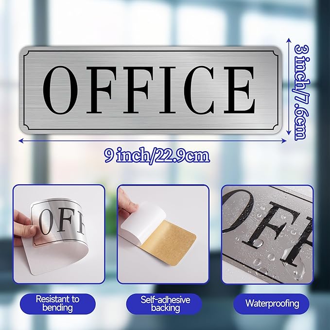 The Office Door Sign for Home and Business，Self-Adhesive Waterproof and Fade-Resistant Modern Brushed Silver Office Sign Sticker for House，Business，Door, Window（Silver）