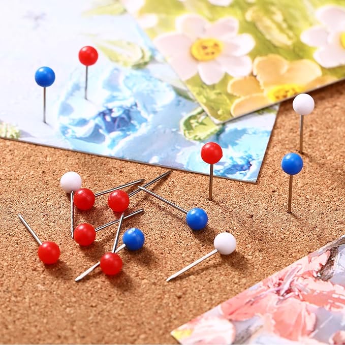WILLBOND 500 Pack Map Push Pins Map Tacks Small Round Head Push Pins Thumb Tacks for Travel Picture Photo Bulletin Board Wall DIY Craft School Office Home(Red, Dark Blue, White,1/6 Inch)