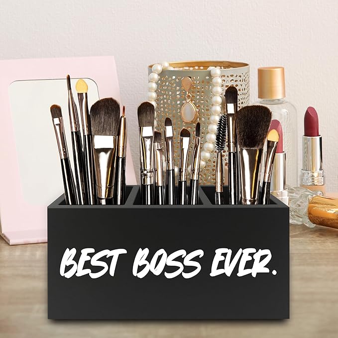 QZQE Boss Gifts Pen Pencil Holder Organizer for Desk, Bosses Leader Appreciation Gifts, Best Boss Ever Wooden Box Signs Decorations for Home Workplace Office Desk Tabletop