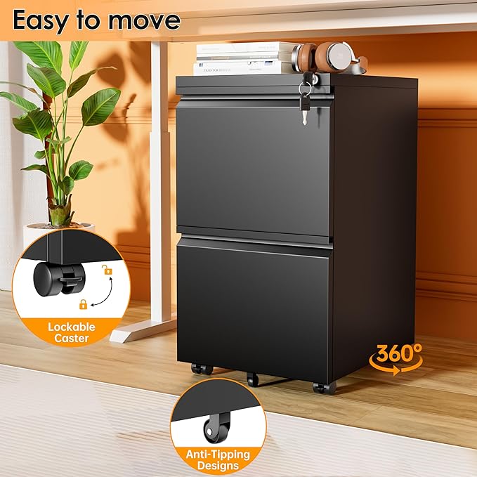 INTERGREAT 2 Drawer File Cabinet with Wheels, Metal Filling Cabinet with Lock, Locking Office Mobile Cabinet with Wheels for Legal/Letter Size, Under Desk, Easy Assemble, Black