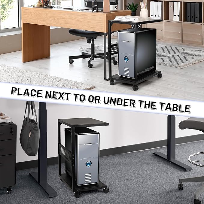 Bfttlity PC Stand Computer Tower Stand 2-Tier Metal CPU Holder with Locking Caster Wheels Suitable for Most PC (S,Black)