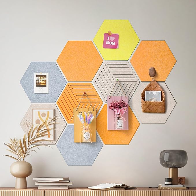 12'' Medium Hexagon Cork-Bulletin Board Tiles Frameless 10 Pack Adhesive Removable Felt Corkboard Decorative Prayer-Vision Board for Home-Office Wall Decor, Hex Tack Pinboard with 30 Pushpins