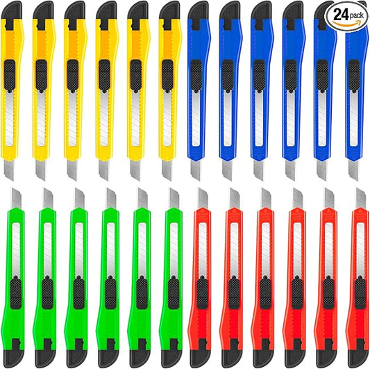 24Pack Box Cutters (9MM Wide Blade Cutter 4 Color) Utility Knife Retractable Compact Extended Use for Office, Home, Arts Crafts, Hobby