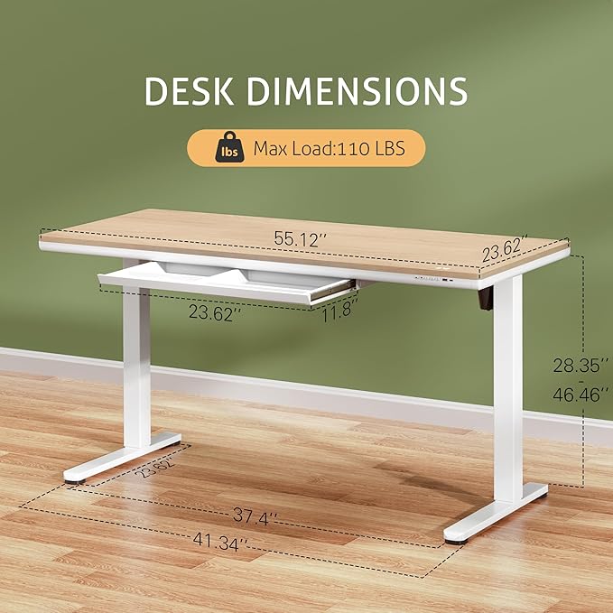 Furmax Electric Standing Desk with Drawers, Adjustable Height Sit Stand Desk with One-Piece Desktop & USB Charging Port for Home Office Computer Desks (Bamboo Desktop, 55 Inch)
