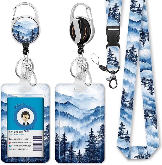 Giancomics Misty Forest Lanyards for Id Badges, Hoarfrost Landscape ID Badge Holder with Retractable Reel, Ink Painting Teacher Lanyard with Keychain Clip Name Tag Card Holder for Women Gift