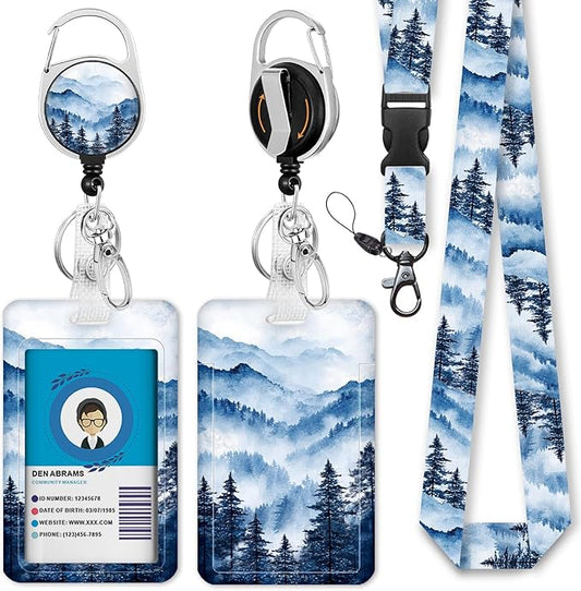 Giancomics Misty Forest Lanyards for Id Badges, Hoarfrost Landscape ID Badge Holder with Retractable Reel, Ink Painting Teacher Lanyard with Keychain Clip Name Tag Card Holder for Women Gift