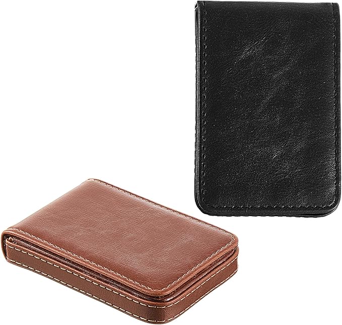 Outus 2 Pieces Business Card Holder, PU Leather Business Card Case Pocket Wallet with Magnetic Shut for Valentines Gift Men Women(Black and Light Coffee,Classic)