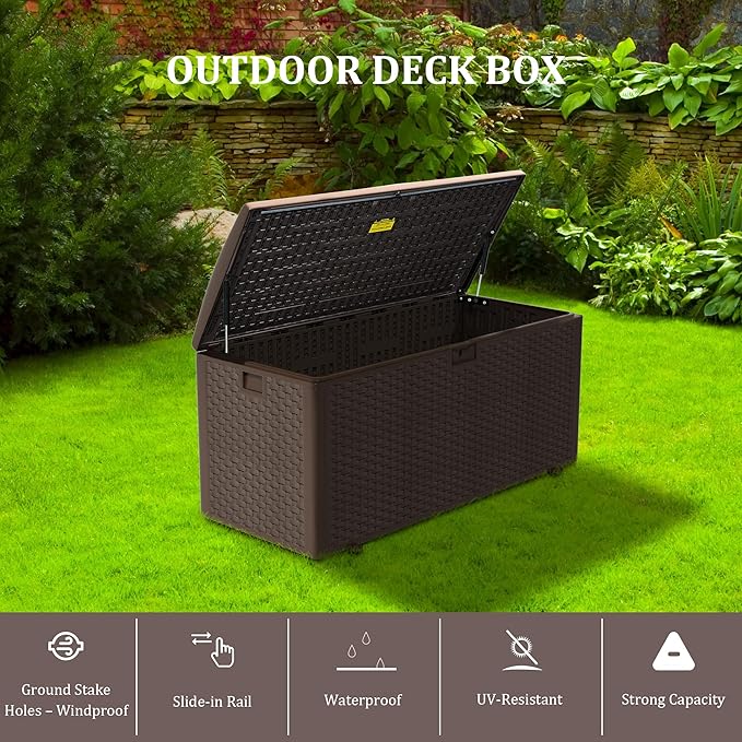 Decksplore 180 Gallon Pro Outdoor Storage Box Waterproof Lockable Resin Deck Box Large, Patio Storage Bin for Pool Accessories Cushion Furniture, Garden Tools, UV-Resistant Outside Delivery Brown