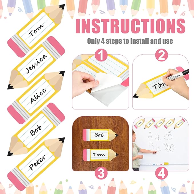 56 Pcs Name Tags for Desk Pencils Classroom Names Label Sticker Back to School Locker Name Tag Plate Colorful Desk Names Tag for Bulletin Board Teacher First Day of School Student Party Decor