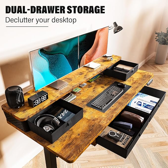 Kingant 55 x 24 Inch Electric Standing Desk with 4 Drawers, Height Adjustable Sit to Stand Computer Desk with Storage Shelf and C-Clamp Mount Compatibility for Home Office, Rustic Brown