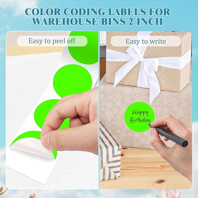 2 Inch Round Color Coding Labels (500 Count) - Fluorescent Green Dot Stickers Circle Labels with Dispenser Box for Warehouse, Filing, Industrial, Office Organization