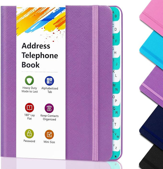 BLESWIN Address Book with Alphabetical Tabs, Hardcover Address Book for Record Contacts, Small Address Book to Store All Your Important Informations in One Place, 6.1x4.7" – Purple
