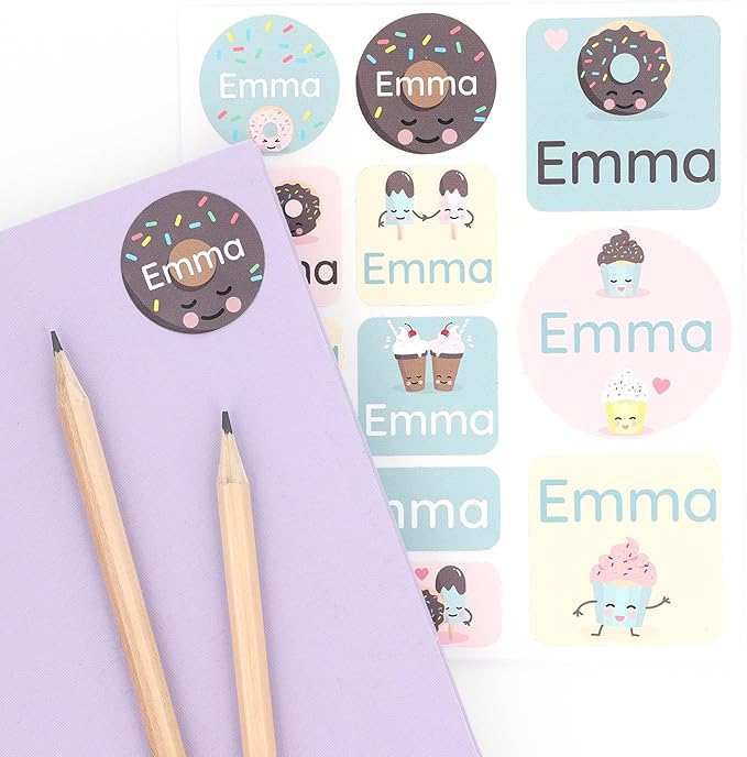 Large Name Labels for Kids (33) - Custom Stickers for Daycare and School Supplies - Durable, Waterproof Stickers for Water Bottles, Lunch Boxes, and More with Unique Designs - Sweets