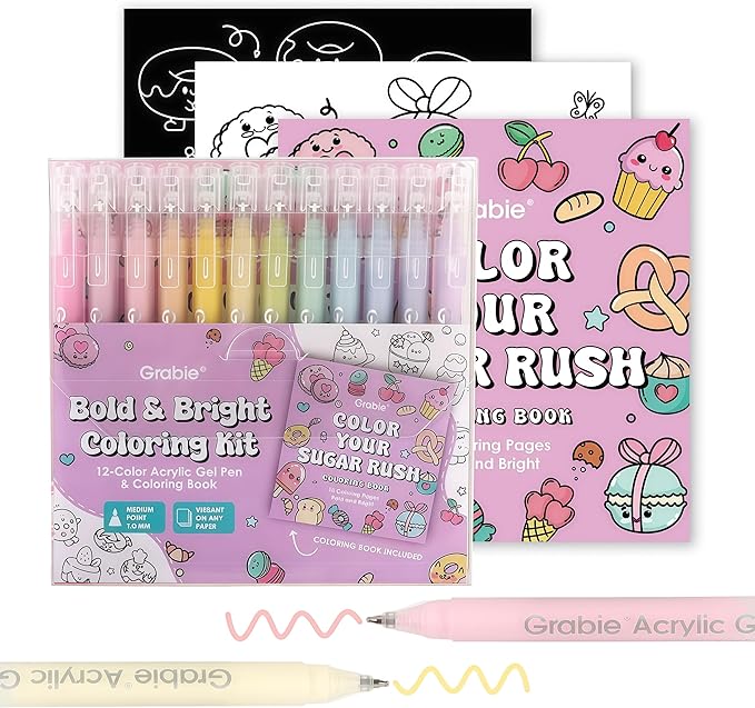 Grabie 12Colors Acrylic Gel Pens&Coloring Book, Medium Point Colored Gel Pens, Acrylic Gel Ink Pen Assorted Colored for Drawing, Note Taking, Bold&Bright Coloring Kit, Set of 12 (Sugar Rush Colors)
