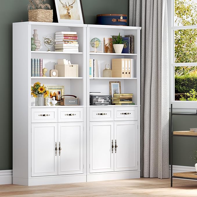 BORNOON 71.4" Tall Bookshelf with Drawers & Cabinet, 5-Tier Floor Standing Bookcase with Storage Doors, Adjustable Shelves & Metal Handles, 31.5" Wide Organizer for Home Office, Living Room